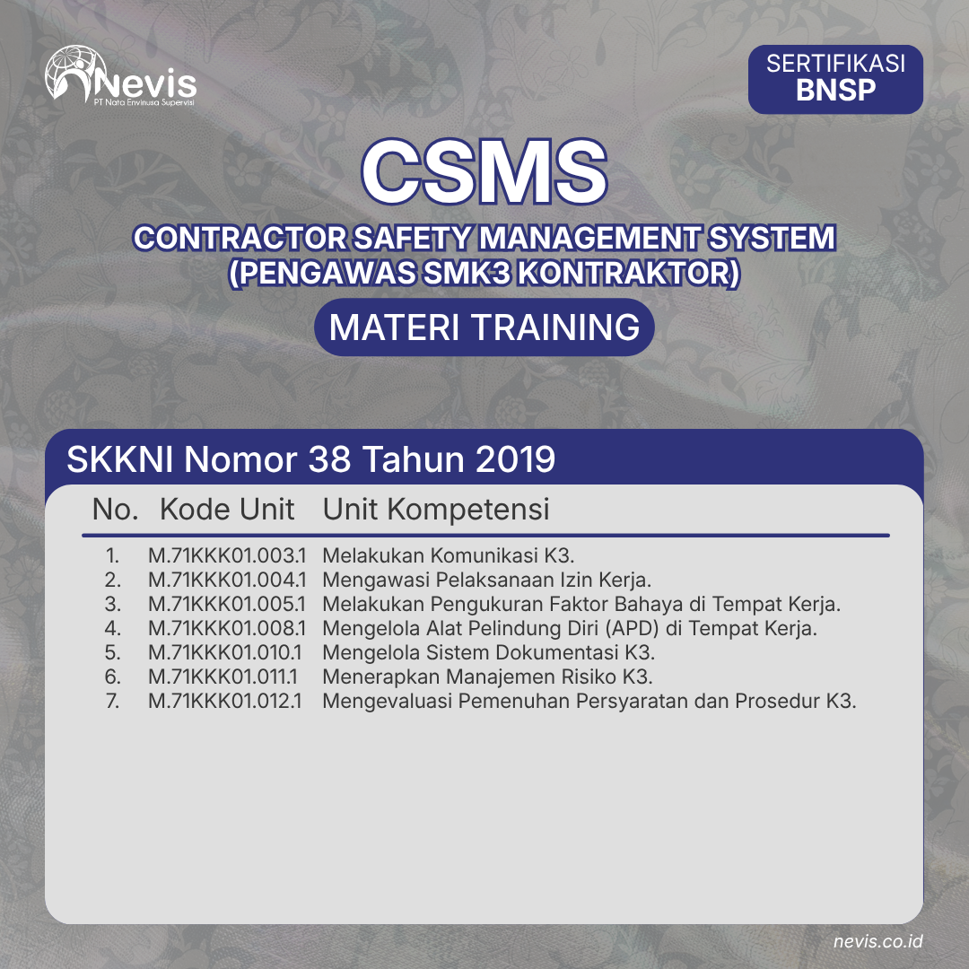 Foto Produk Pelatihan CSMS Pengawas SMK3 Kontraktor Sertifikasi BNSP Offline