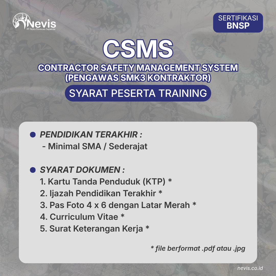Foto Produk Pelatihan CSMS Pengawas SMK3 Kontraktor Sertifikasi BNSP Offline